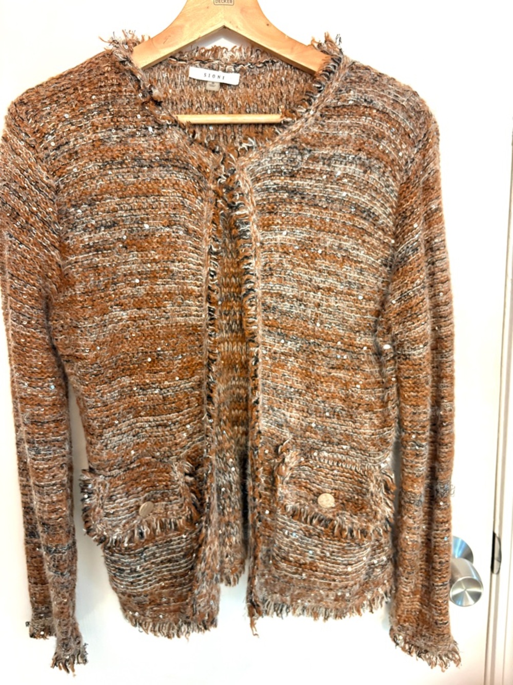 Sioni Open-Front Fringed Marled Brown and Cream Cardigan